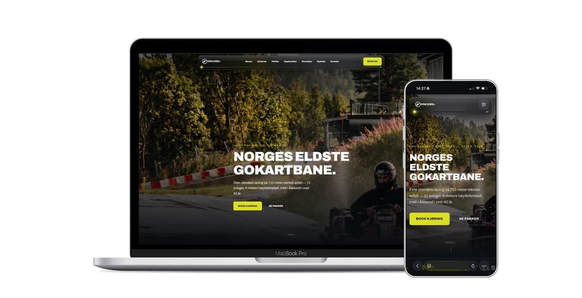 Laptop and mobile phone displaying a Norwegian go-kart racing website with green background